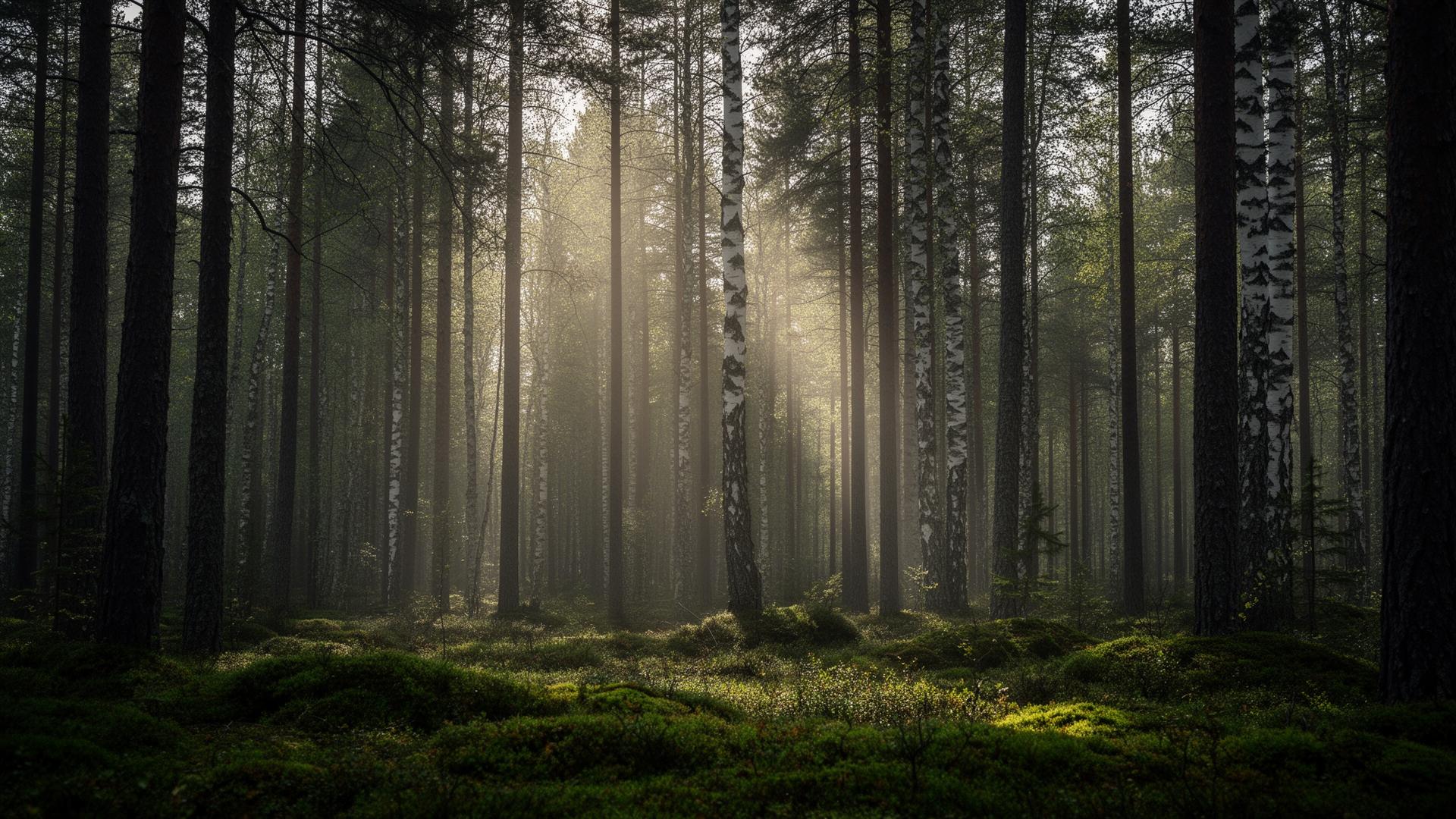 Svensk skog med solljus